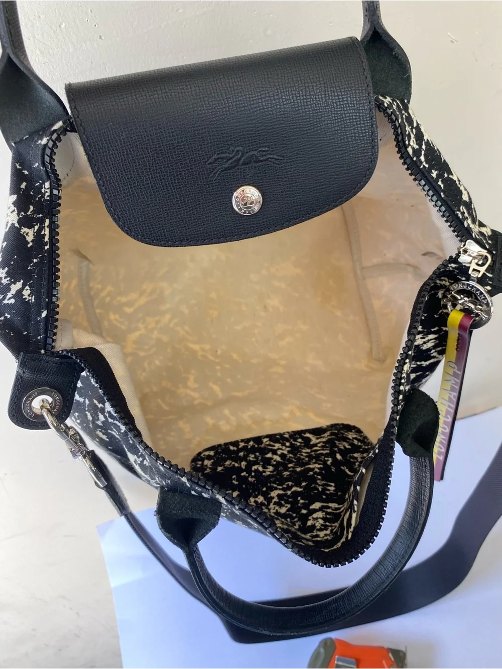 Longchamp Le Pliage Appaloosa Black White Coated Canvas Crossbody Bag Small